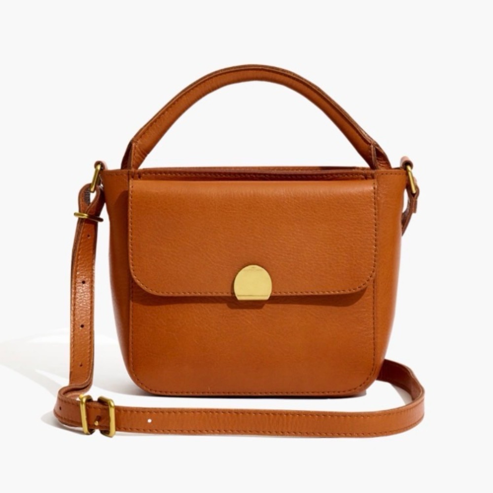 Madewell Mini Abroad Crossbody Bag, dark toffee (cognac), 100% leather, EUC